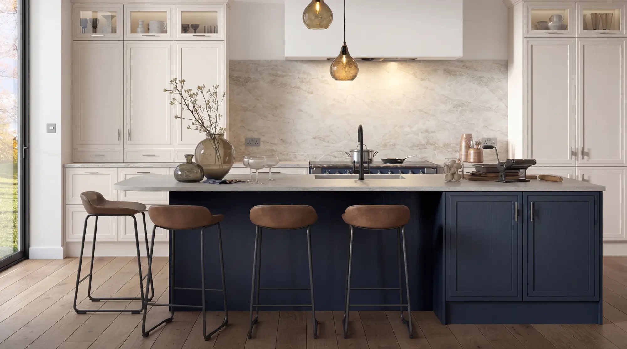 Navy shaker kitchen island with leather bar stools and marble splashback