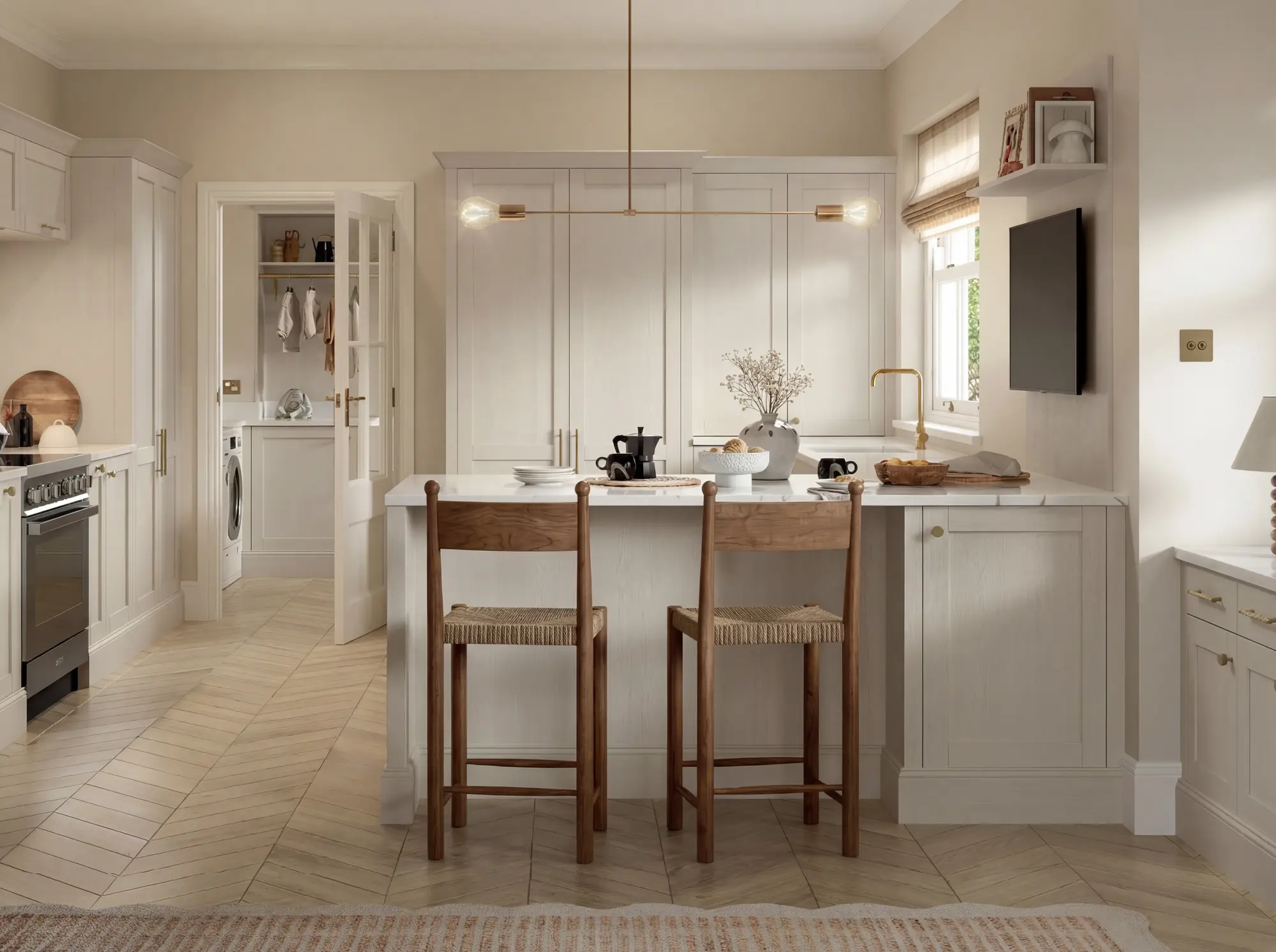 Cream shaker kitchen with brass pendant and rush-seat stools