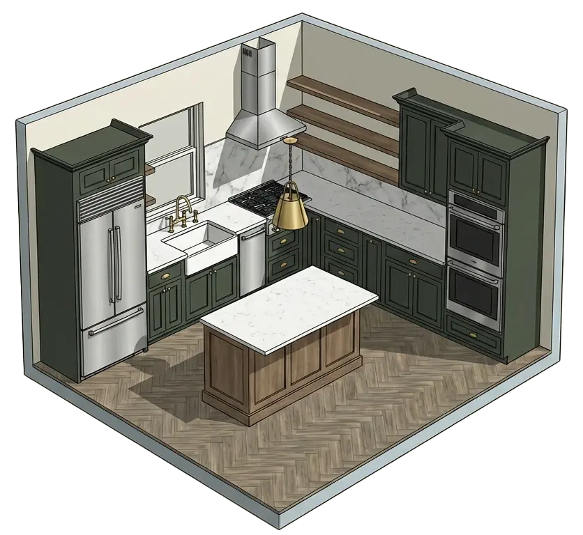 Isometric illustration of a green shaker kitchen with oak floor and quartz worktops